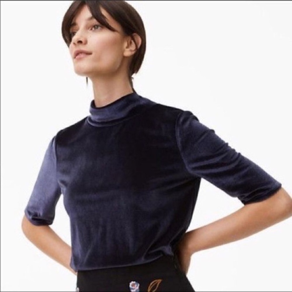 LOFT Short Sleeve Velvet Top Mock Neck Elbow Sleeve Deep Blue Size Medium